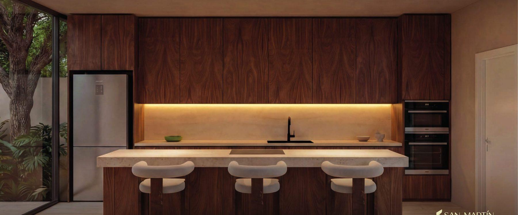 Cocina abierta en madera y piedra (representación visual)