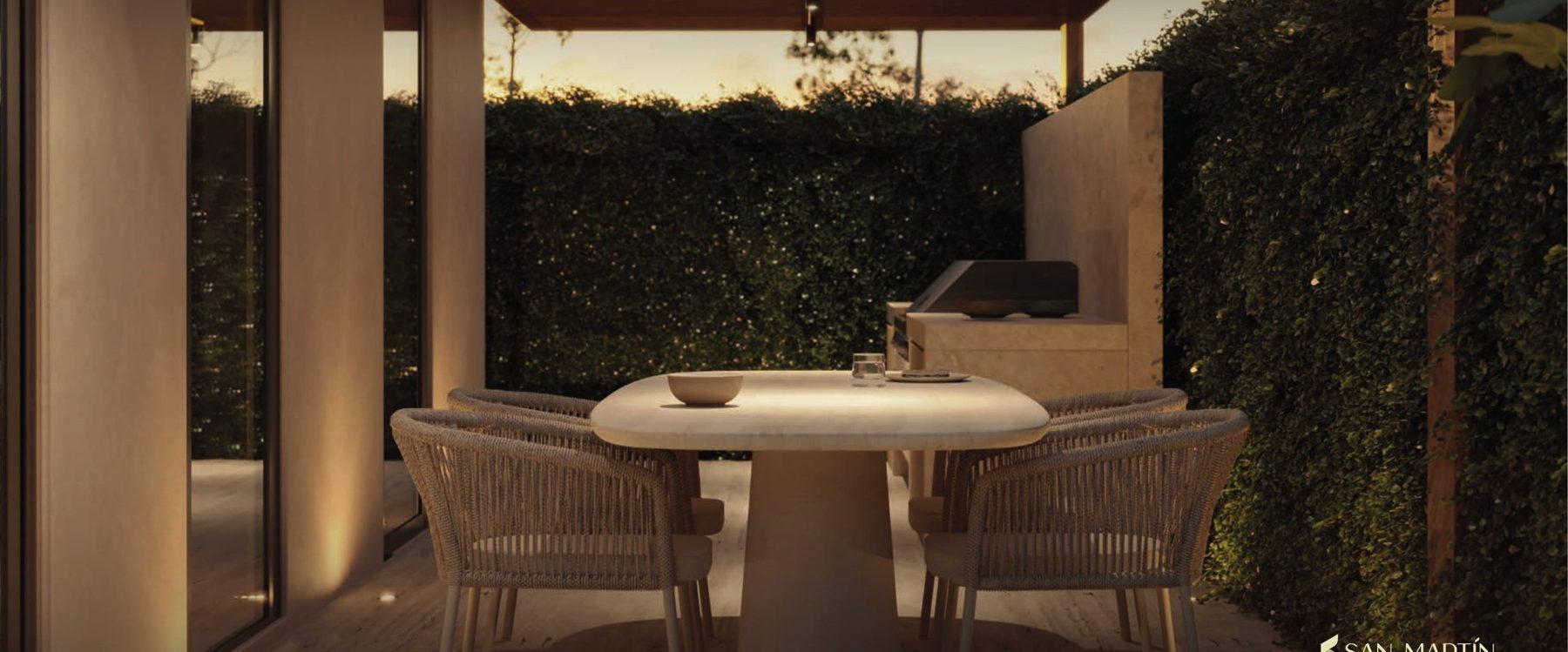 Comedor exterior bajo pérgola (representación visual)